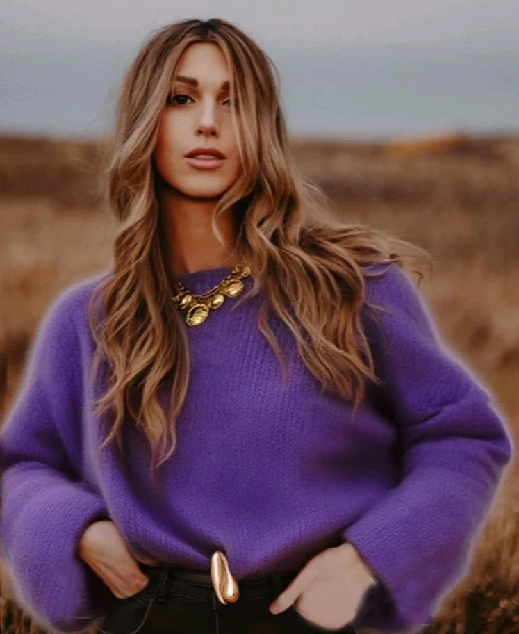 

、Autumn Winter Loose Knitted Pullover Sweater Women O Neck Long Sleeve Casual Tops New Elegant Gentle Purple Jumper Clothes