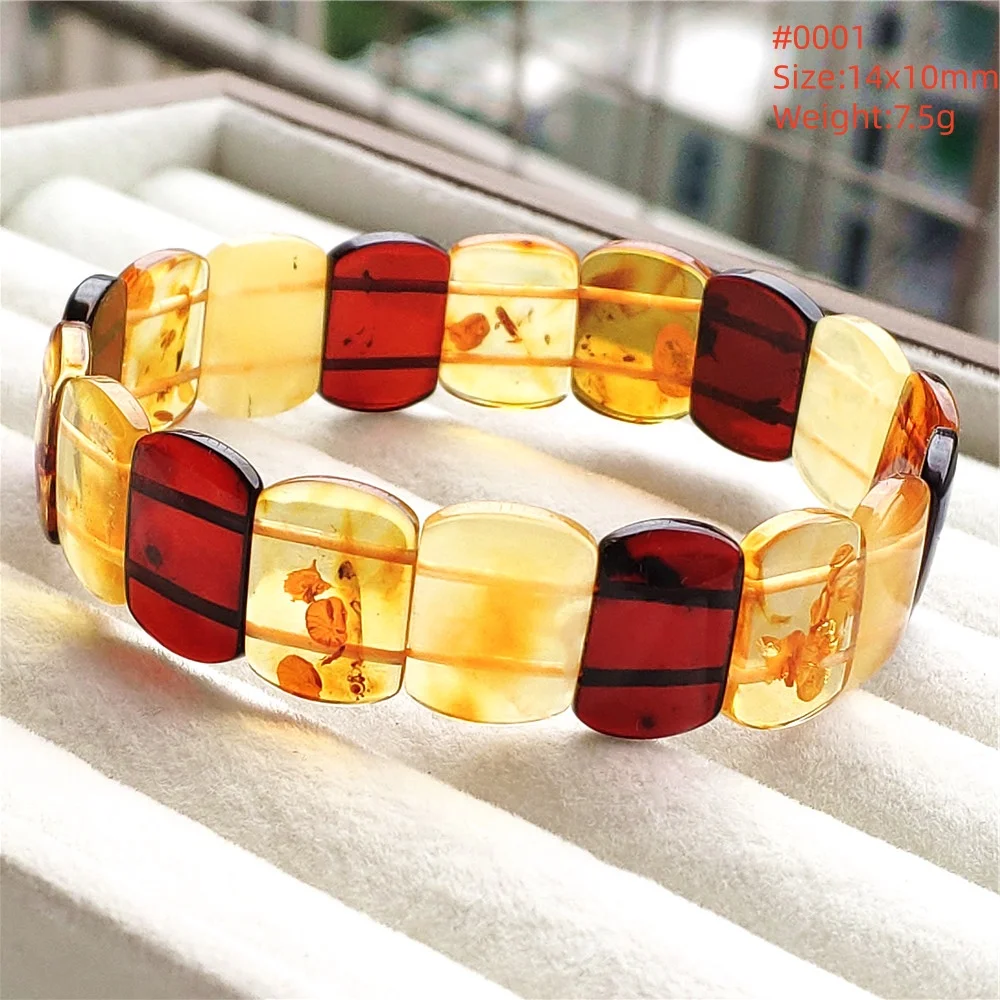 Natural Yellow Piebald Amber Gemstone Bracelet Clear Rectangle Beads Women Healing Stretch 13*9mm Bangle AAAAA