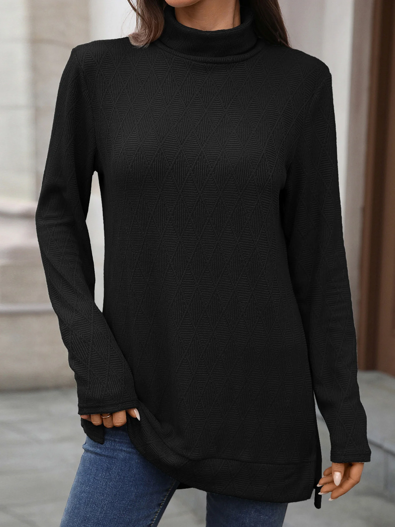 المرأة مضلع متماسكة سترة الخريف الشتاء كم طويل الياقة المدورة بلون شق هيم بلوزة كاجوال البلوز