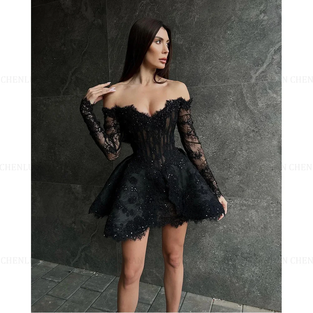 MOLISA Off Shoulder Long Sleeve Homecoming Dress for Juniors Mini Black Lace Tulle A-Line Cocktail Club Party Dresses Teens