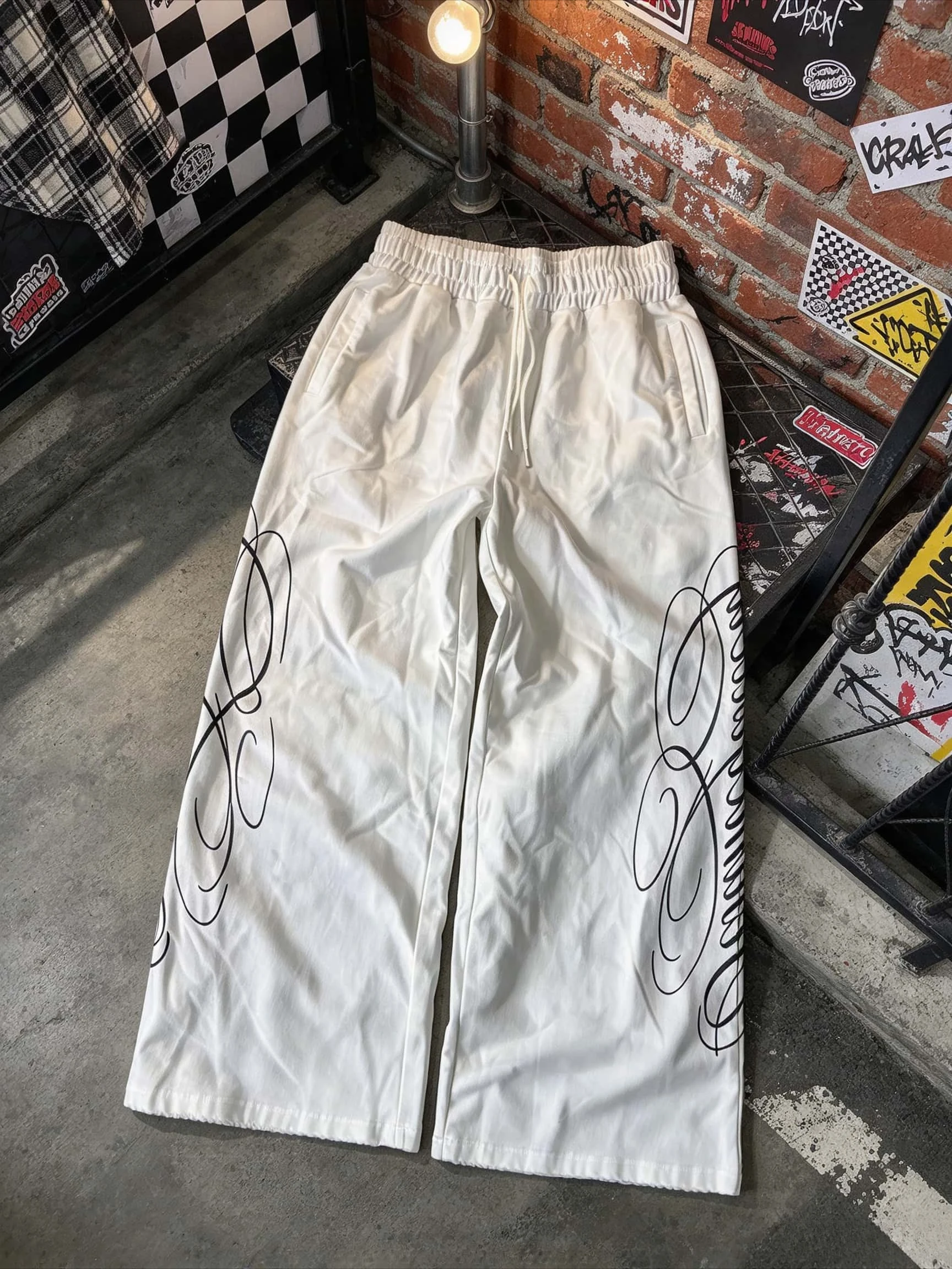 2026 Summer Men Kid New Trendy White Loose Wide Leg Sweatpants Abstract Curve Print Elastic Waist Casual Hip Hop Adults/Kids