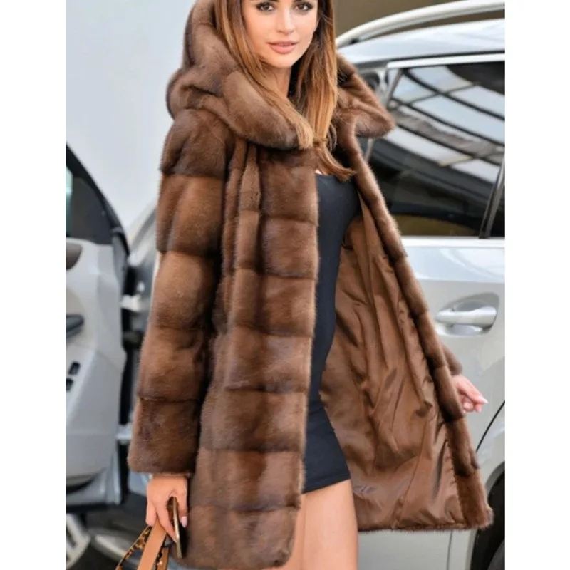 Luxury Brand Winter Women Clothing Hooded Fur Coats Mid-length Faux Fur Jacket Striped Warm Windproof Outerwear Cardigan New