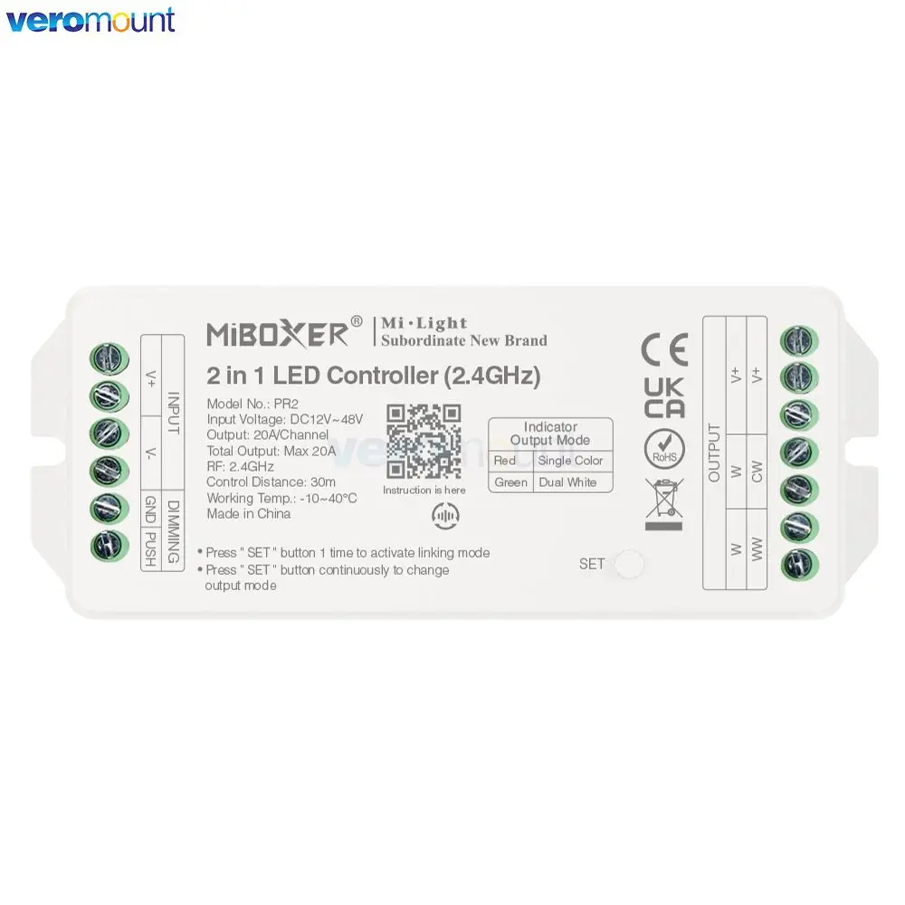 MiBoxer PR2 2IN1 PR5 5IN1 2.4GHz RF LED Controller Large Current Max 20A For Single Color/Dual White/RGB/RGBW/RGB+CCT LED Strip