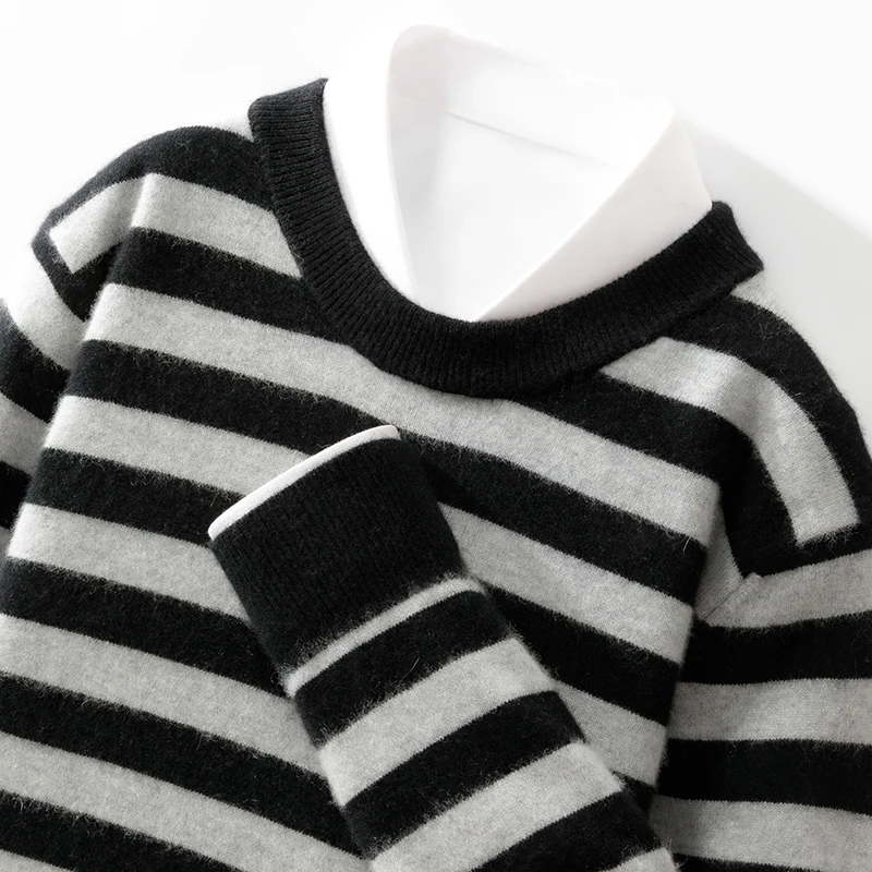 Autumn And Winter New 12-Pin Round Neck Color Matching Stripe 100 Pure Wool Pullover Sweater Casual Knitting Bottoming