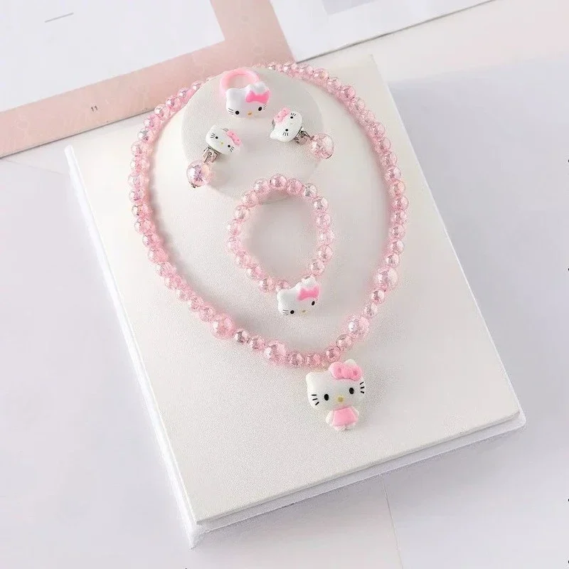 

Набор из 4 предметов Kawaii Sanrio Hello Kitty детский комплект ожерелья браслет серьги кольцо модные украшения подарок на праздник для девочек