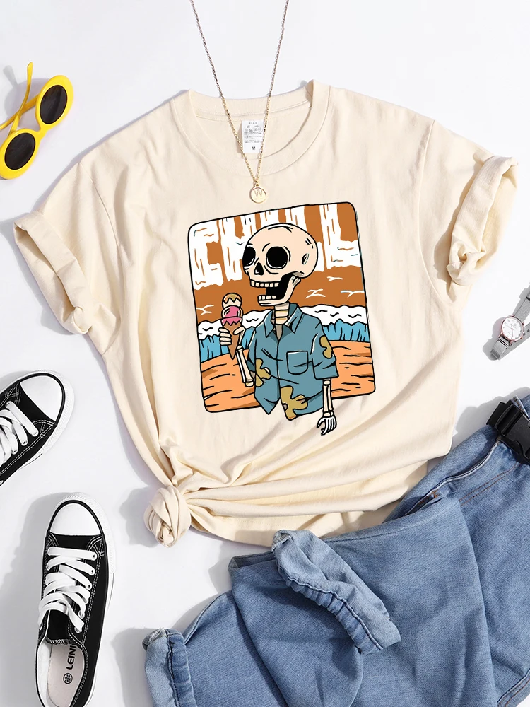 Ice Cream Makes Skeletons Chill T Shirt Female Simplicity Fashion Clothes Harajuku Comfortable Short Sleeve Casual Daily Tshirt