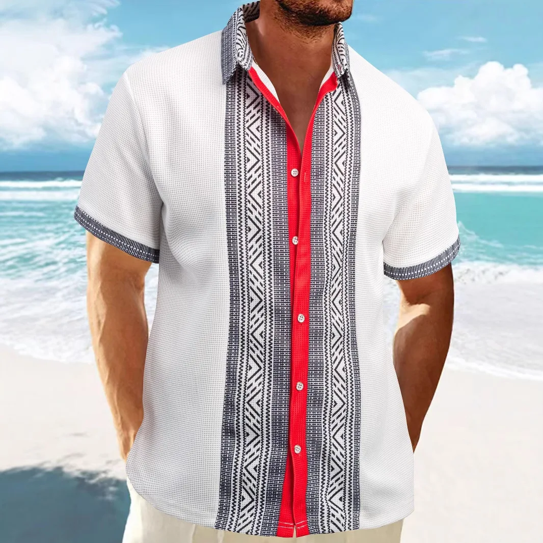 2025 Summer New Men's Short-sleeved Shirt Waffle Lapel Spliced button Top Cardigan Fashion Vintage Blouses for Male