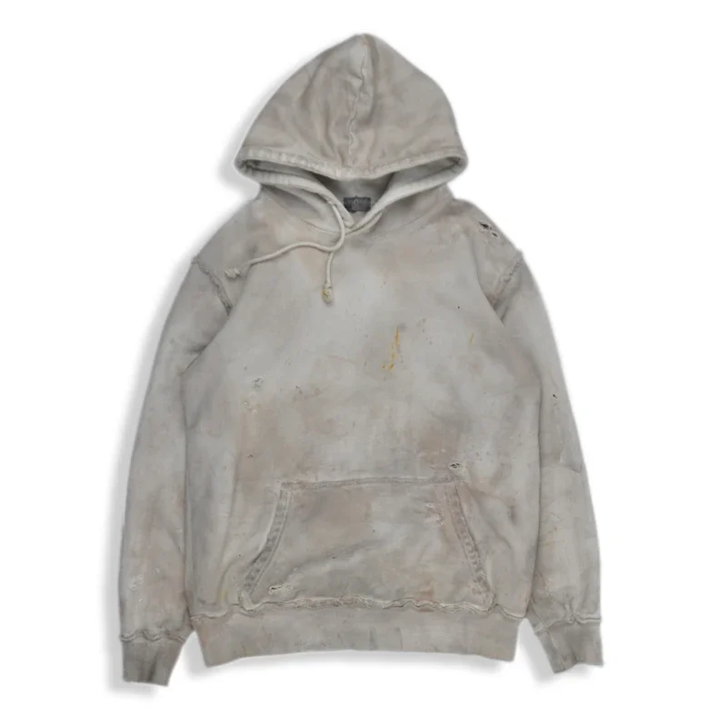 New hand-splashed ink dirty wash frayed distressed vintage  light cotton hooded sweatshirt terry bottom