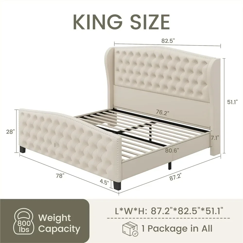 Bed Frame Upholstered Platform Bed with Wingback Headboard & Footbaord Velvet Beds Deep Button Tufted Beds Frames