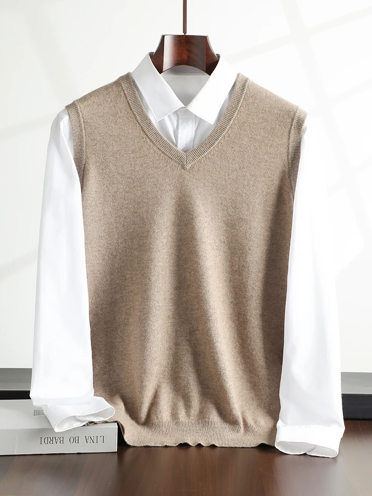 Men Cashmere Vest V-neck Pullover Autumn Winter Basic Sweater Sleeveless 100% Cashmere Knitwear Smart Casual Soft Waistcoat Tops