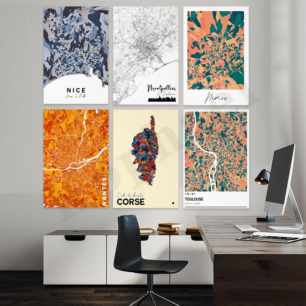 Corcy City Toulouse Lille Nantes Biarritz Nimes zas Schön. Stadtplan Frankreich. Kunstposter für die Wanddekoration zu Hause