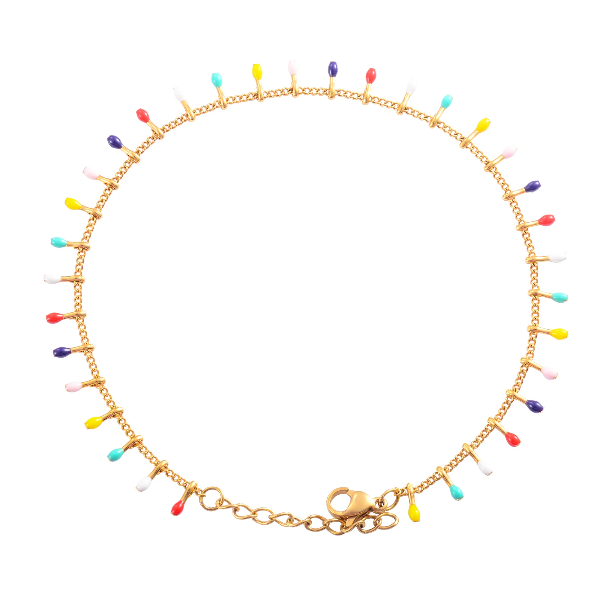 Stylish Colorful Enamel Bracelet Stainless Steel for Women Hand Foot Link Chain with Extender Gold Color Plated Jewelry Summer