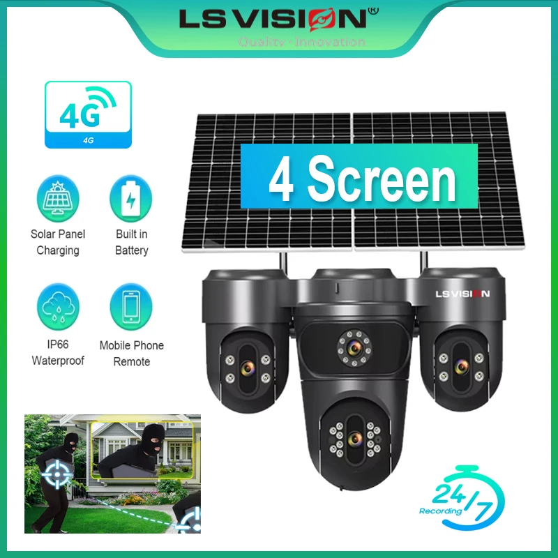 

LS VISION Камера PTZ с четырьмя экранами, на солнечной энергии, 20 МП, круглосуточная запись, обнаружение человека с ИИ, для наружного видеонаблюдения