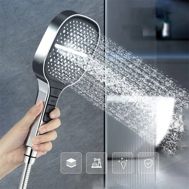 8-Speed Square Shower Head Large Panel Booster Faucet Nozzle Water Saving Piano Adjustable Water Massage Bathroom Shower Head