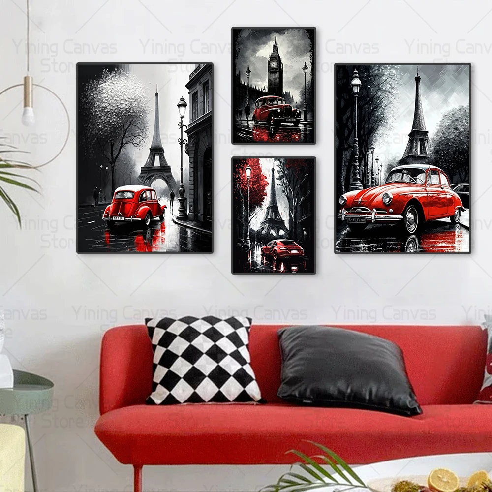 لوحة قماشية حمراء لسيارة ، أبيض وأسود ، مناظر طبيعية لباريس ولندن ، فن جداري ، ملصق لغرفة المعيشة ، ديكور منزلي #5