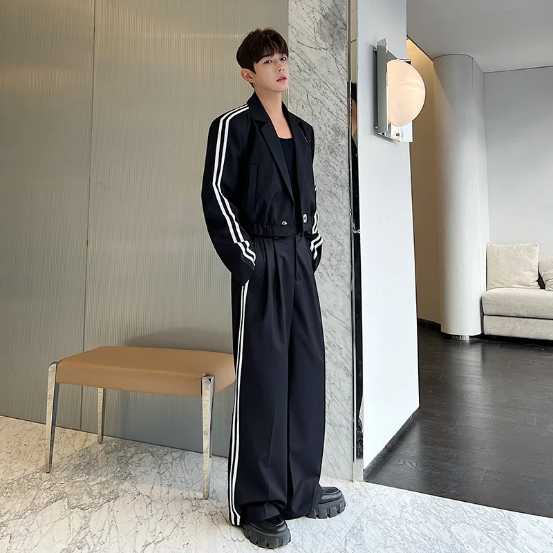 IEFB Korean Fashion Striped Short Suit Wide Leg Pants Two-piece Sets 2023 New Spring Casual Long Sleeve Male Clothing 9A7289