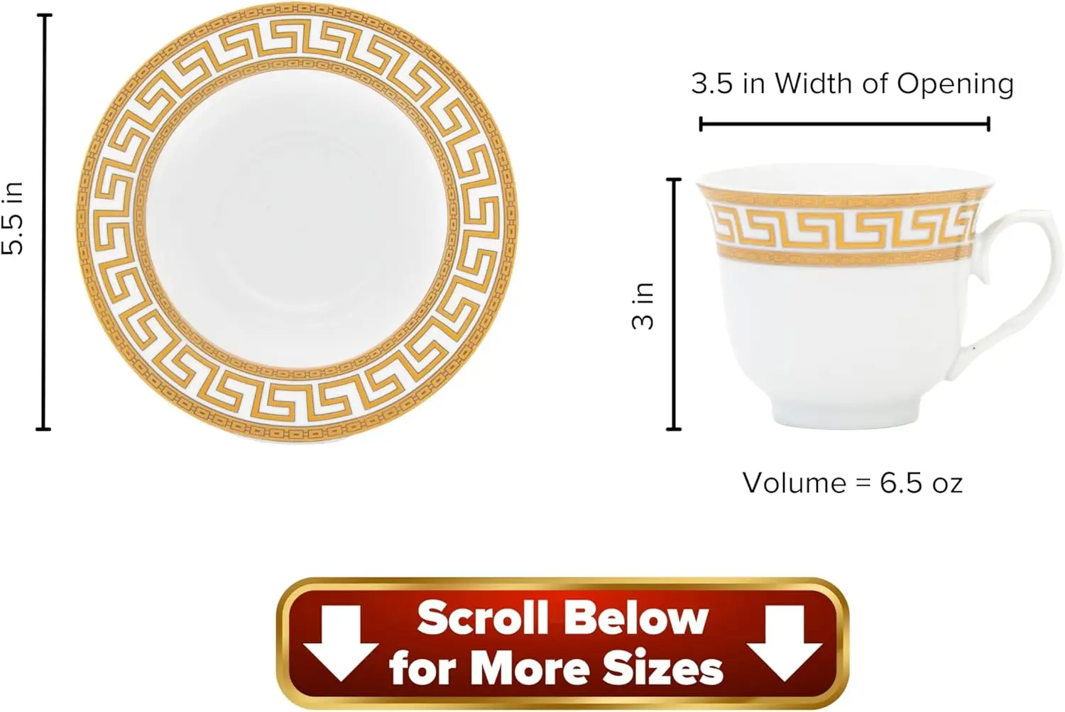 طقم أواني طعام بورسلين مكون من 8 قطع - طقم أطباق فاخر مكون من 49 قطعة - تصميم مفتاح يوناني أبيض وذهبي - أطباق عشاء وأوعية وأكواب و