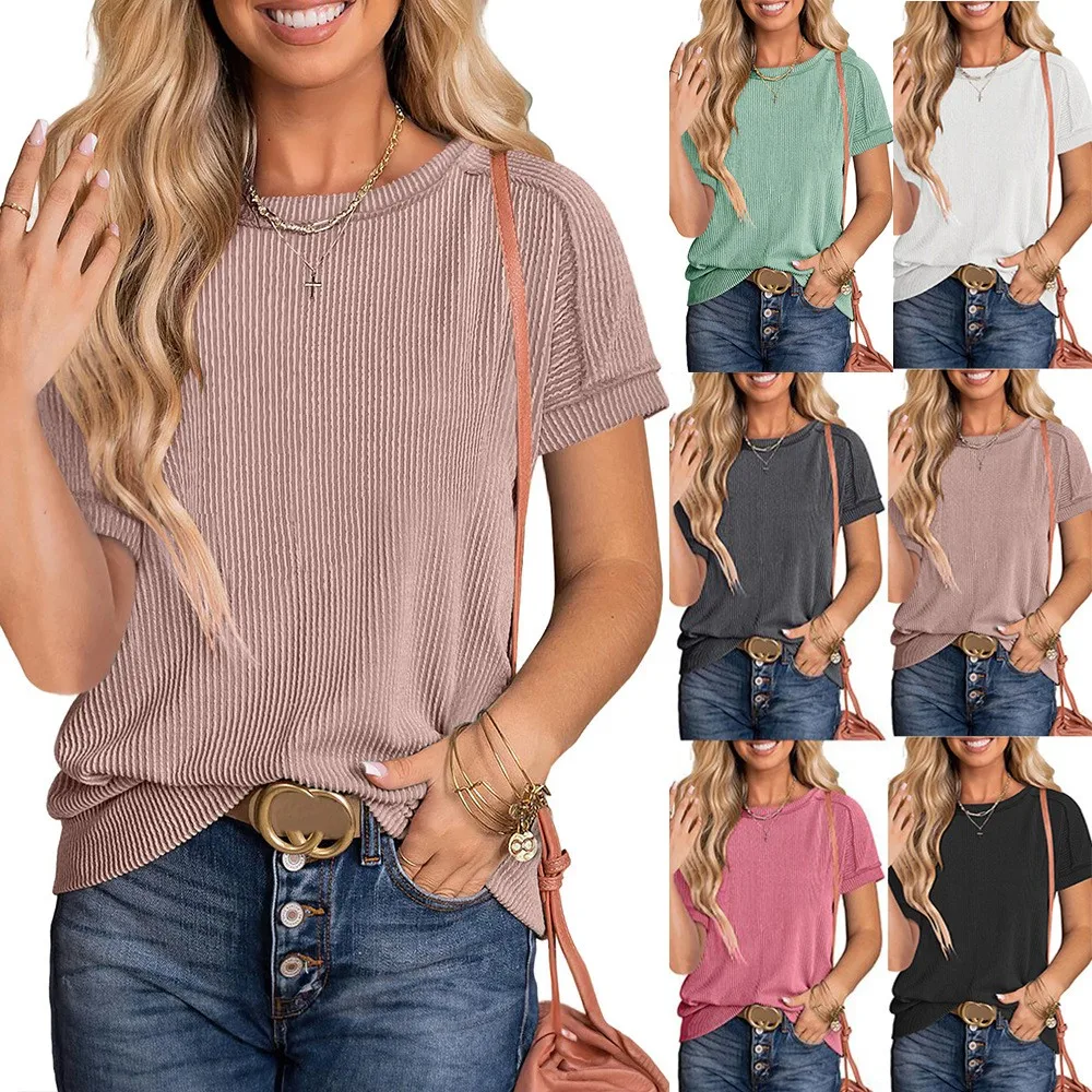 Women Short Sleeve T Shirt Loose Fit Tops For Woman Round Neck Solid Color Pastel Pink Oversized Summer Casual Cotton Blend Tee