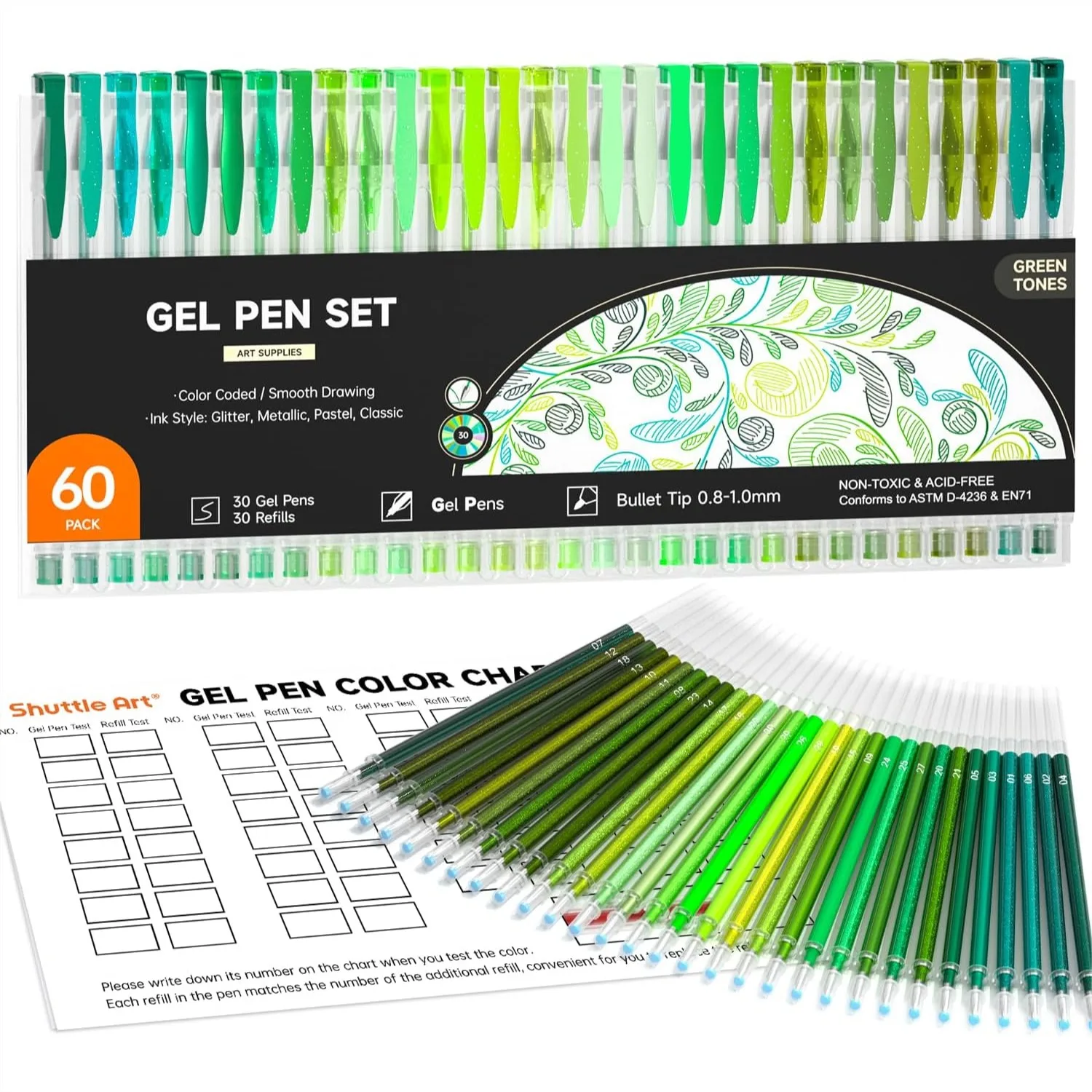 

60 Pack Green Tone Gel Pens with Refills for Coloring Books Journaling Drawing Nature Landscapes Animals