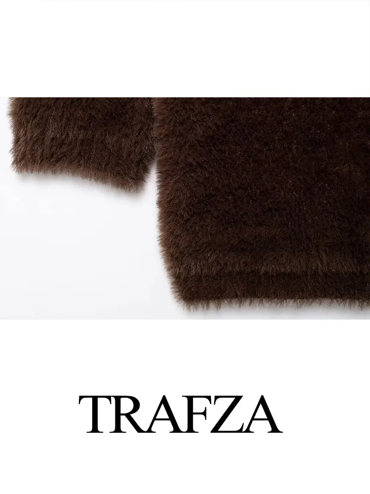 TRAFZA 2024 Herfst Faux Fur Effect Vest Voor Vrouwen Driekwart Mouwen Slanke Trui Tops Vrouw Elegante Vrouwelijke Jas Top