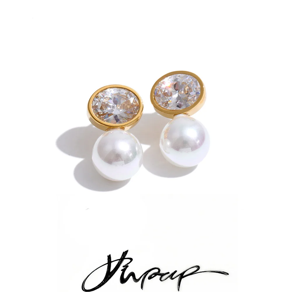 Yhpup Korean Style Stainless Steel Zirconia Simulated Pearls Round Stud Earrings for Women Delicate Elegance Daily Jewelry Gift