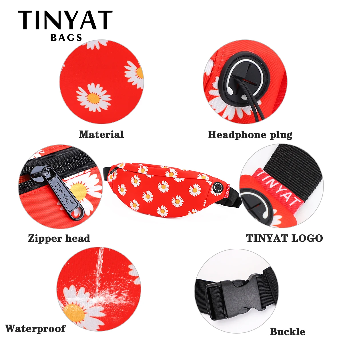 Tinyat Red Floral Waist Bag for Women 2024 Trendy Daisy Pattern Fanny Pack Adjustable Strap Ideal for Travel Outdoor Activities