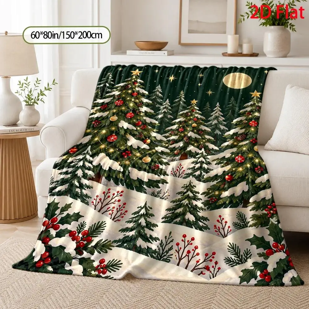 1pc 2D Flat DIY Coloring Throw Blanket, Snow-covered Christmas Tree Line Art,Oil Painting Winter Forest with Holly Berries Decor