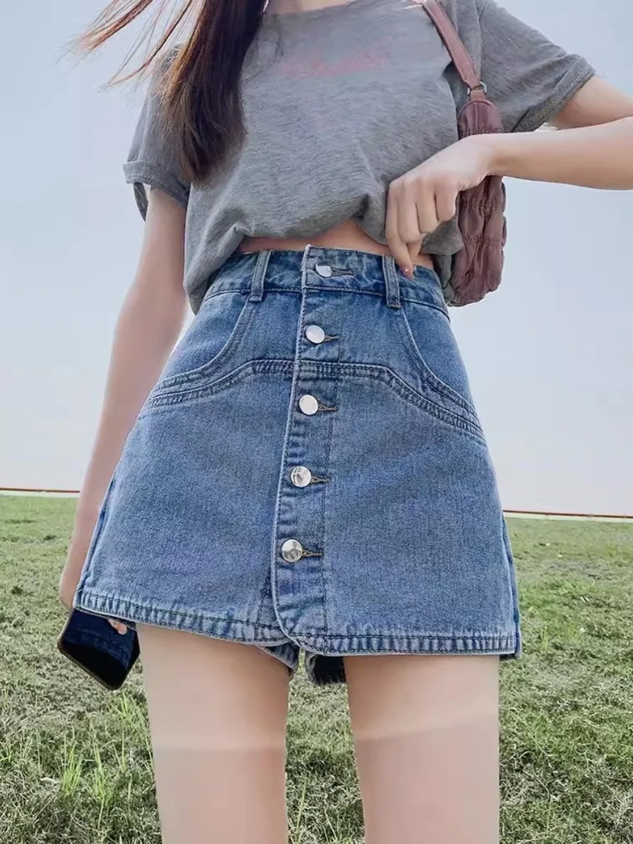 

High Waist A-Line Denim Skirt for Women Summer New Style plus Size Slimming Design Wide Leg Short Pants Skirts
