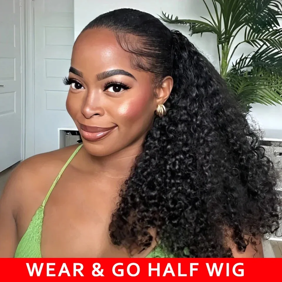 

Half Wig Curly Human Hair Elastic Drawstring Afro Curly 3 In 1 Glueless Half Wigs Deep Wave Half Wigs Natural Hairline Flip Over