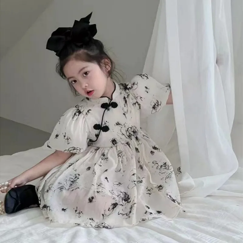Girls' Dress Summer New Fashionable Children's New Chinese Style Dress Cheongsam Dress Girls' Short sleeved Princess Dress