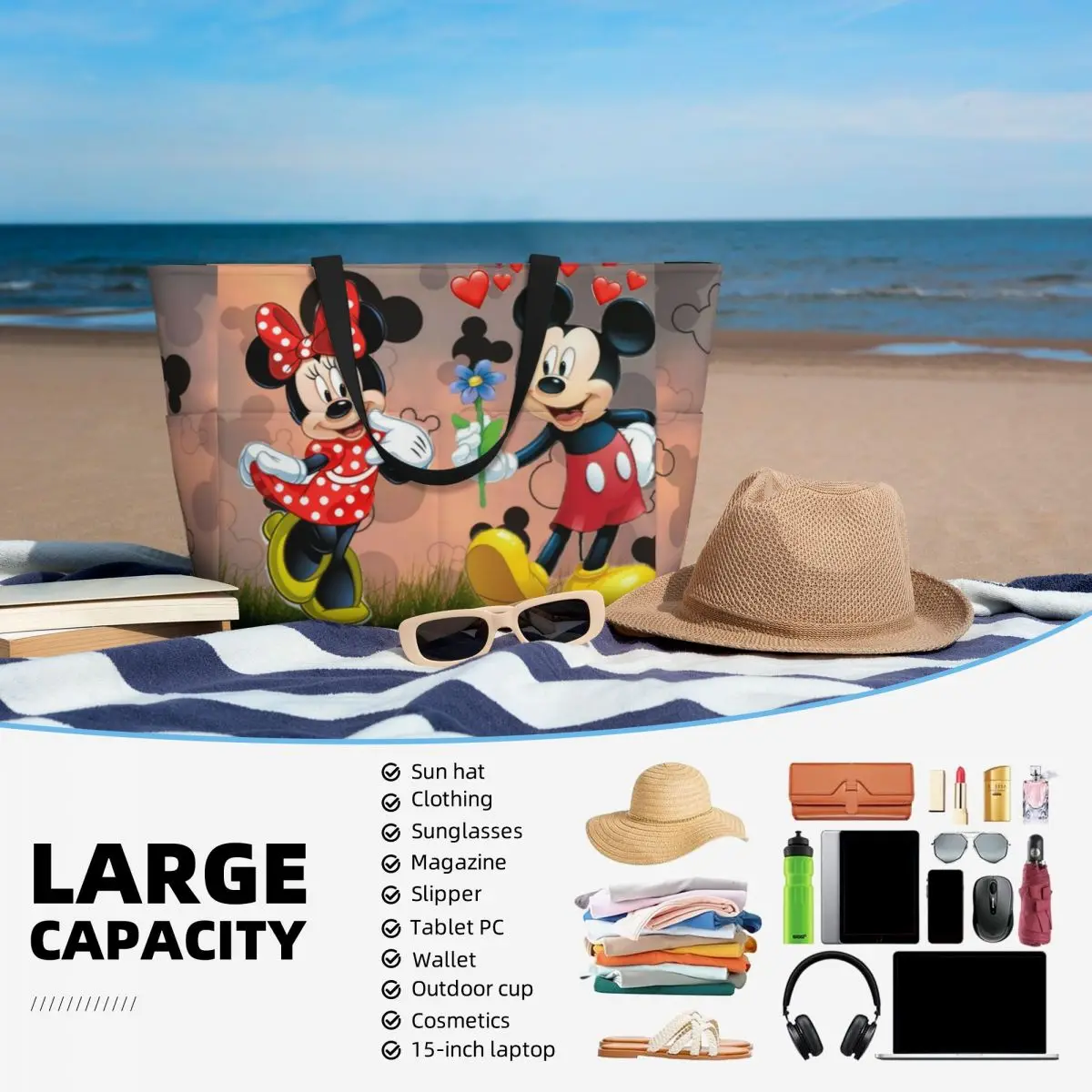 Custom Mickey Minnie Mouse Love Groceries Shopping Tote Bags Women Big Capacity Cartoon Gym Beach Travel Bags