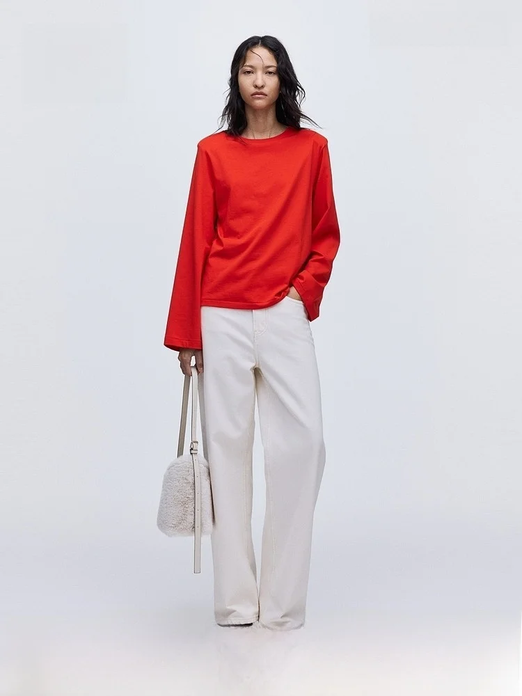 

Женская футболка H&M, летняя, с подплечниками, модная, простая, базовая, красная, повседневный стиль, с длинным рукавом, хлопковая, с круглым вырезом, цветная
