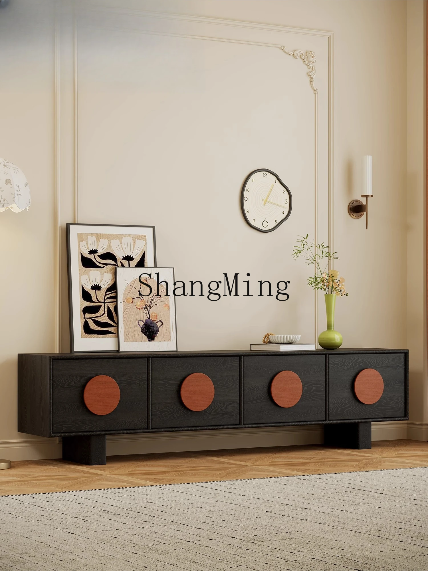 

CL Retro Black TV Cabinet Living Room New Solid Wood Tall Storage Cabinet Integrated