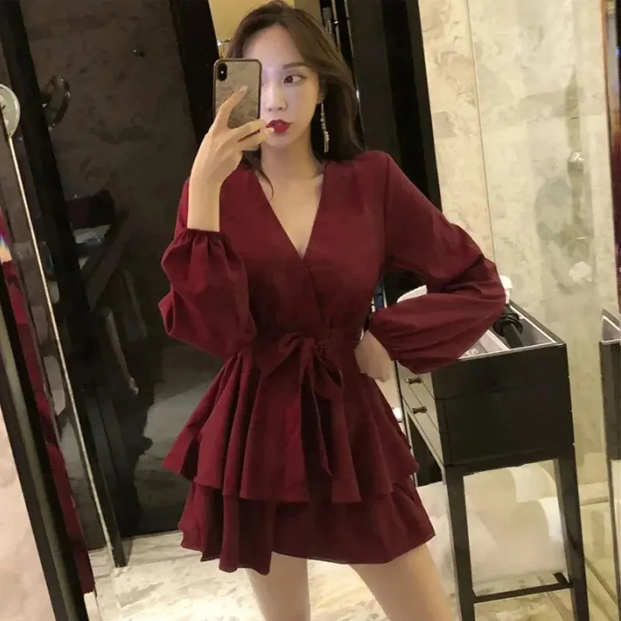 Summer Dresses High-waisted Loose-fit Solid Color V-neck Elegant Long Sleeve Dress Women\'s Slimming A-line Black Wine Red Skirt