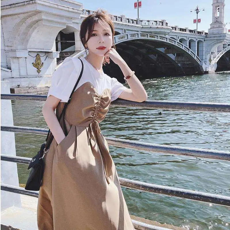 Faux deux pièces pour femmes, T-shirt à bretelles Dr, couture, taille haute, jupe trapèze, douce, couleur Pure, printemps été, coton