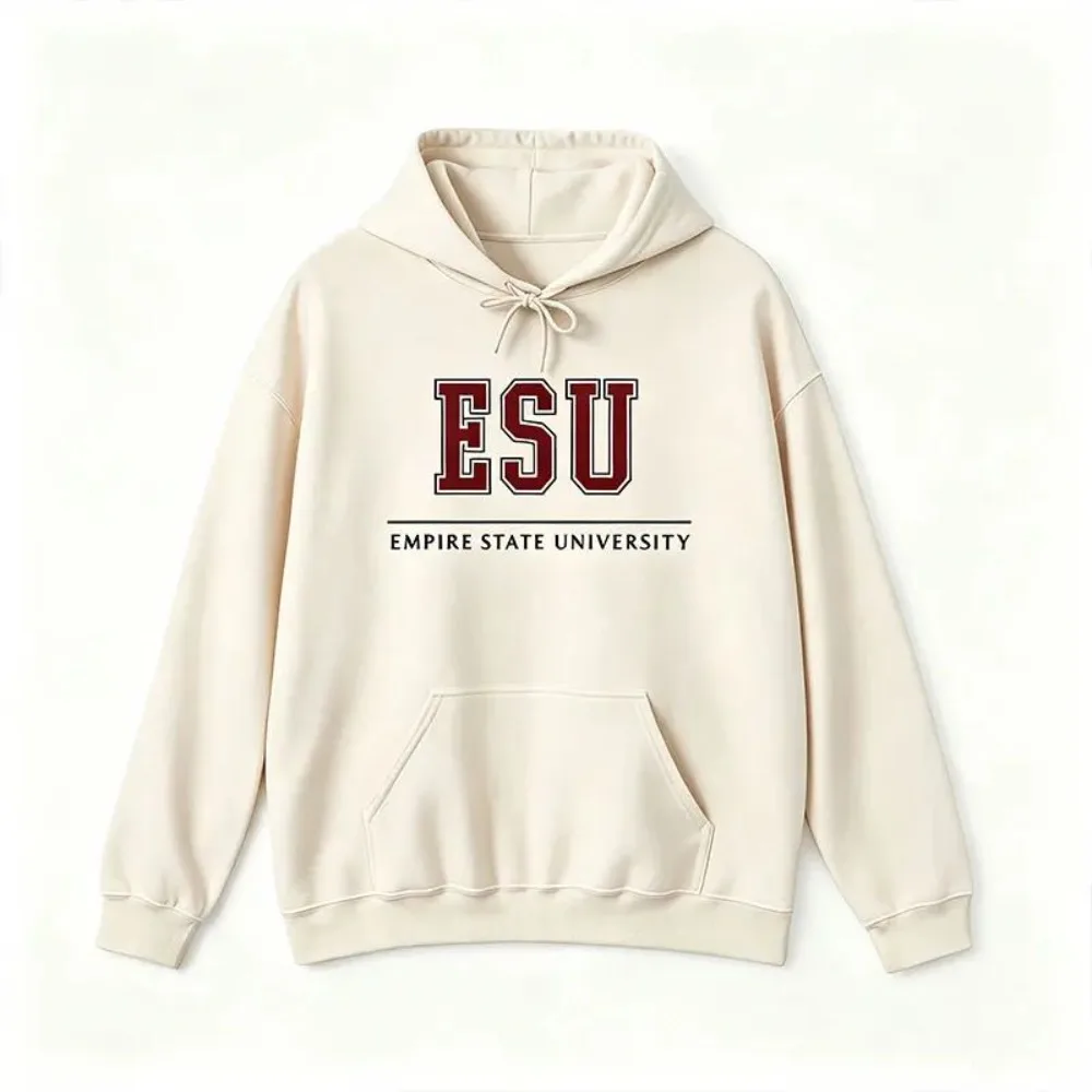 ESU Empire State University Letter Print Hoodie Vintage College Style Graphic Sweatshirt Casual Long Sleeve Pullover Tops Unisex