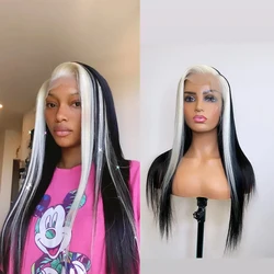 Perruque Lace Front Wig synthétique 10% naturelle – Firber, perruques à reflets blancs et noirs, perruques lisses et résistantes à la chaleur, Style Cosplay/Dailly gratuit