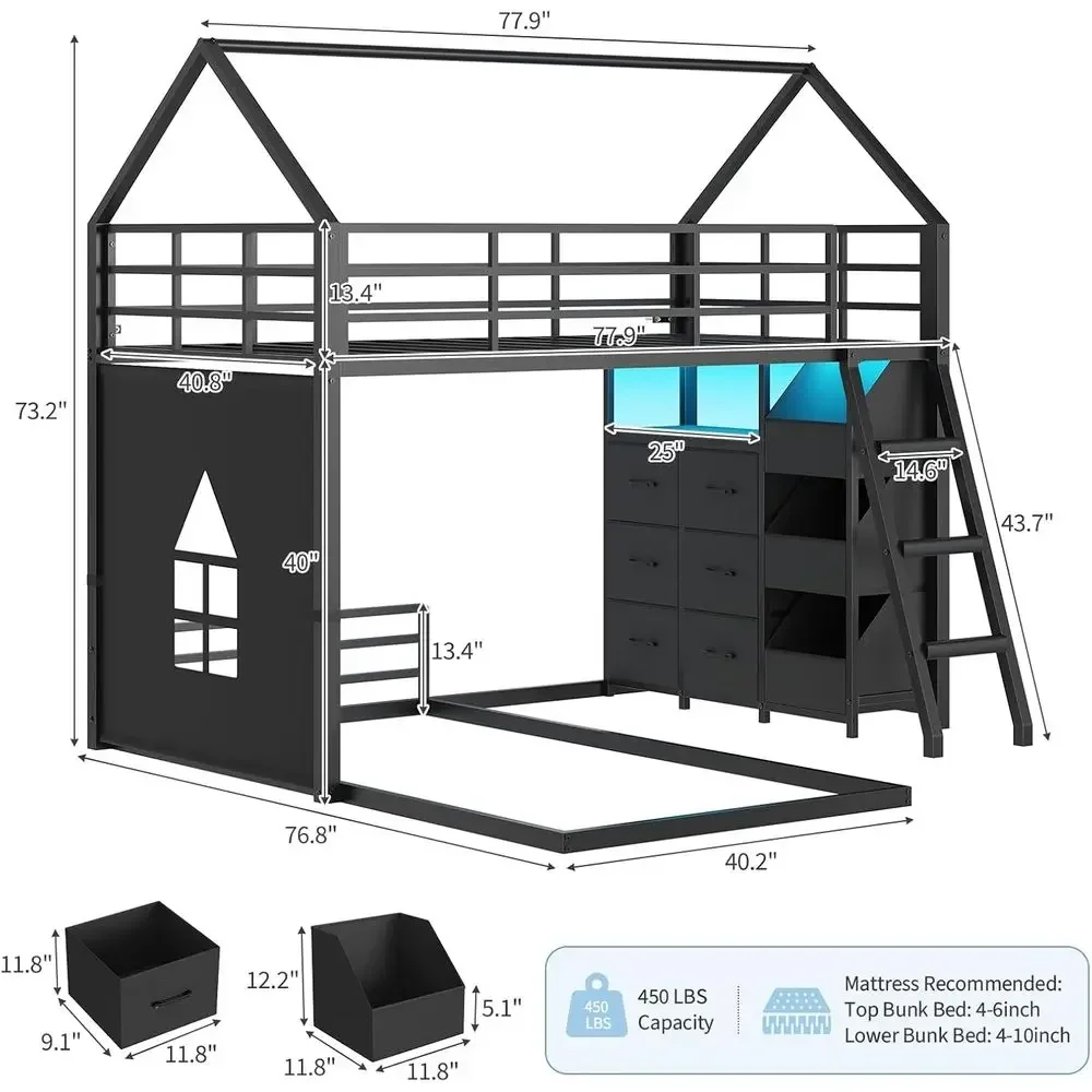 Twin Over Twin Bunk Bed with Storage Drawers, Open Bins, LED Lights, Safety Guardrail, and Ladder for Kids, Black