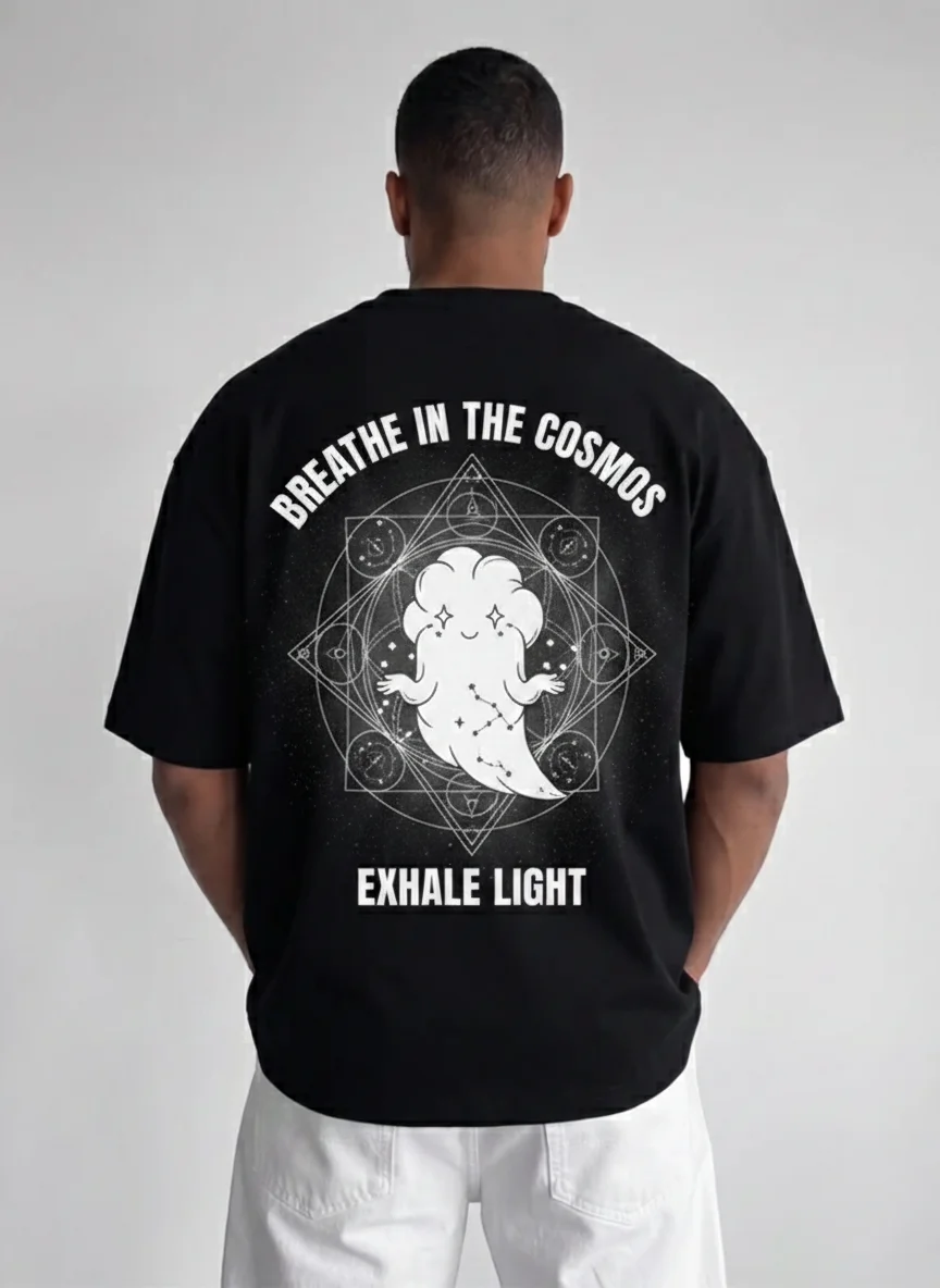 

Black Cosmic Ghost Graphic Tee with White Sacred Geometry Print Cute Spirit Constellation Printed Tee for Men Women Unisex Top