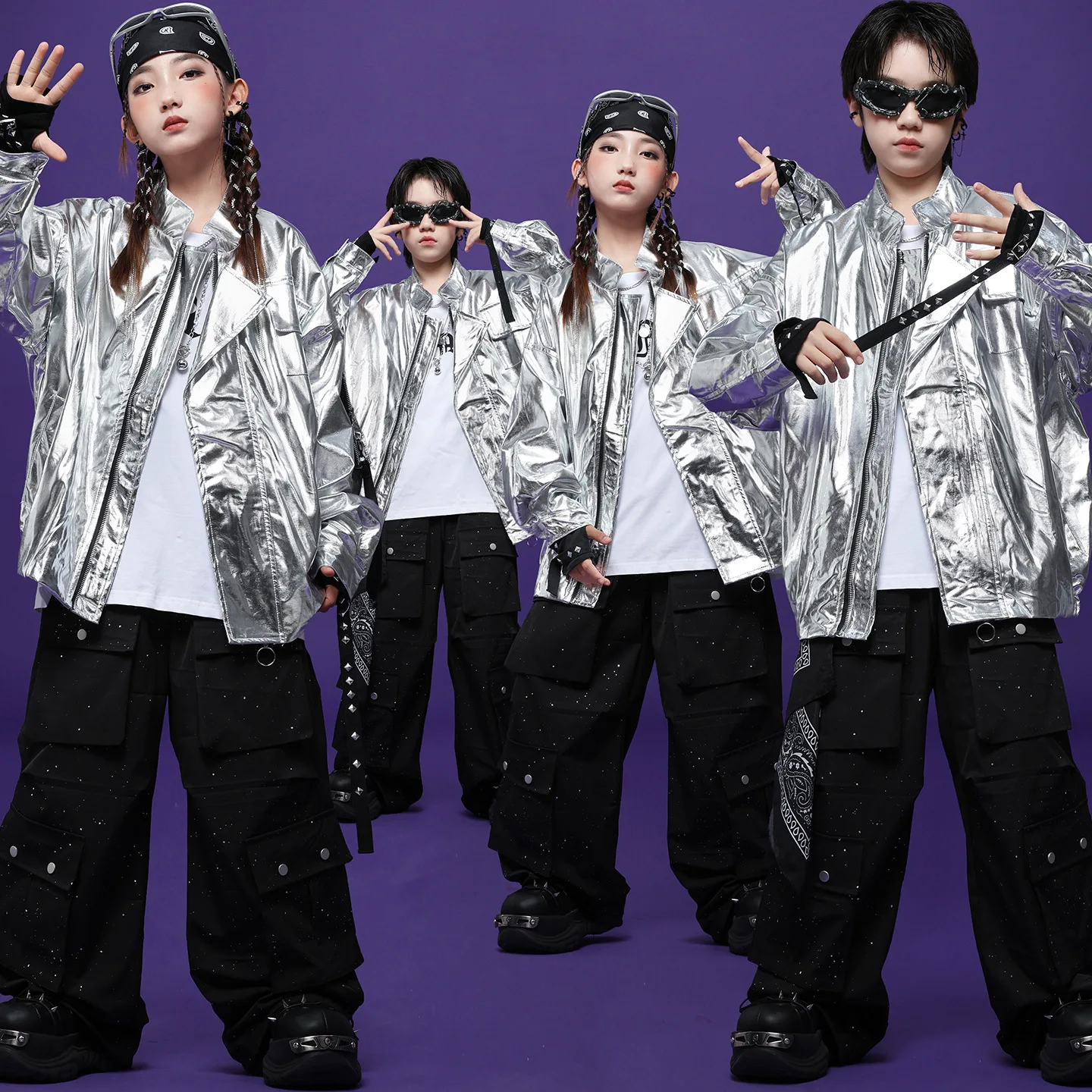 

Kid Hip Hop Clothing Silver PU Metalic Motorcycle Jacket Top Black Silver Scatter Cargo Pants for Girl Boy Dance Costume Clothes