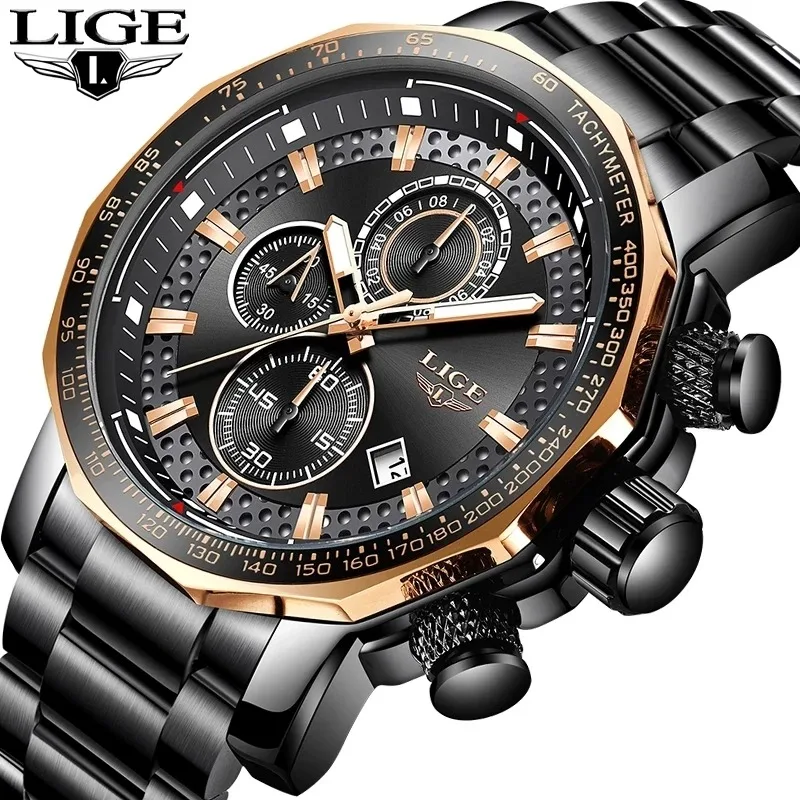 LIGE Big Dial Mens Watches Sports Chronograph Quartz Wristwatch Top Brand Luxury Full Steel Waterproof Watch Relogio Masculino