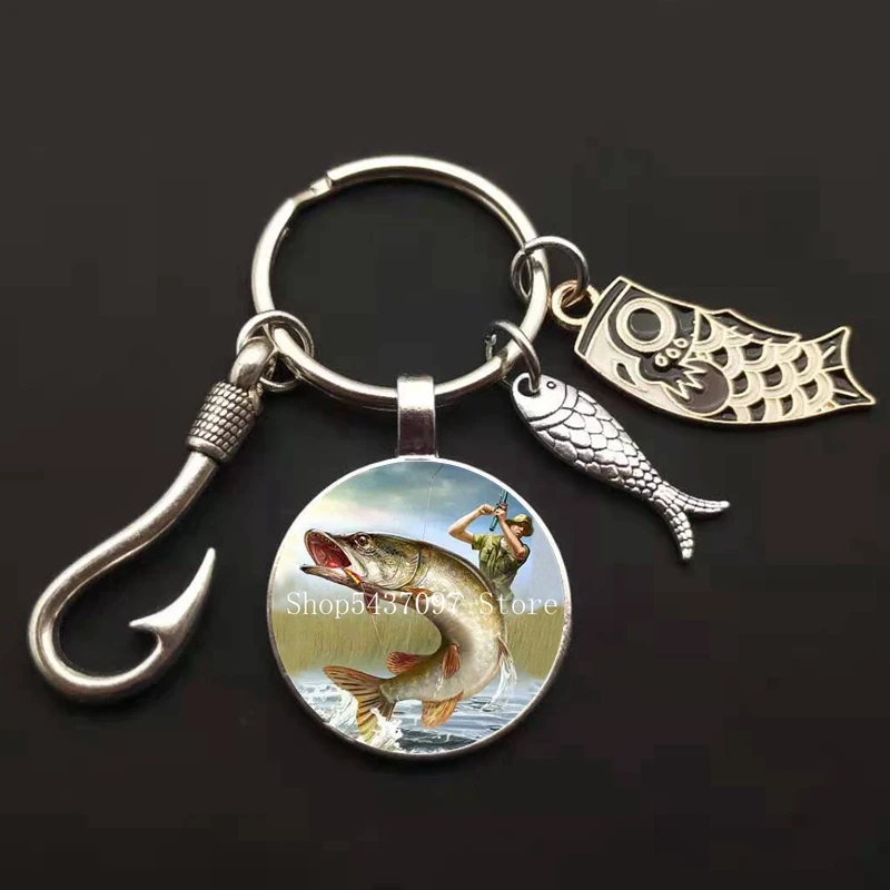Fashion Fishing Master Keychain Fish Hook Keychain Glass Dome Keychain Fisherman I Love Fishing Fish Pendant Key