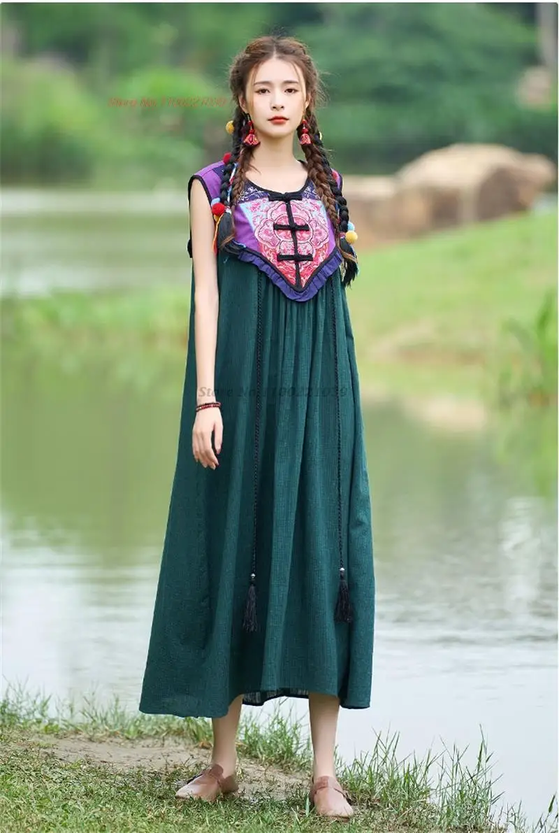 

2024 chinese traditional hanfu improved qipao dress national flower embroidery sundress vintage cotton linen sleeveless dress