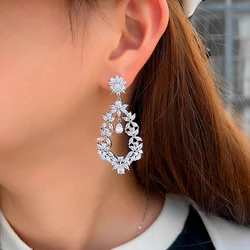 CWWZircons Fancy Sparkling Cubic Zirconia Setting Long Flower Drop Big Size Earring for Women Vintage Design Party Jewelry E0030