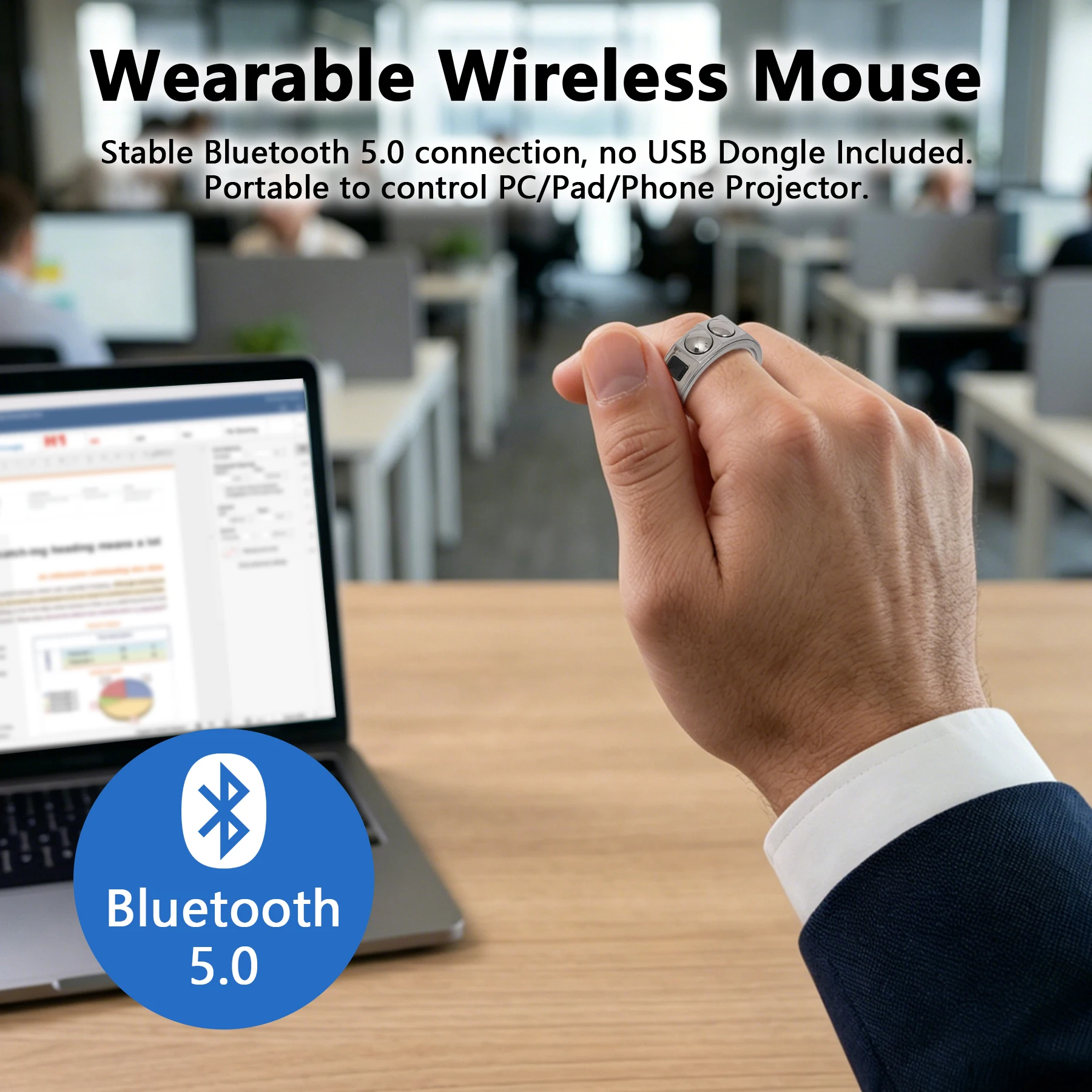 Wireless Smart Mouse Ring Waterproof PPT Controller for AR Glasses, Short Video & Web Browsing