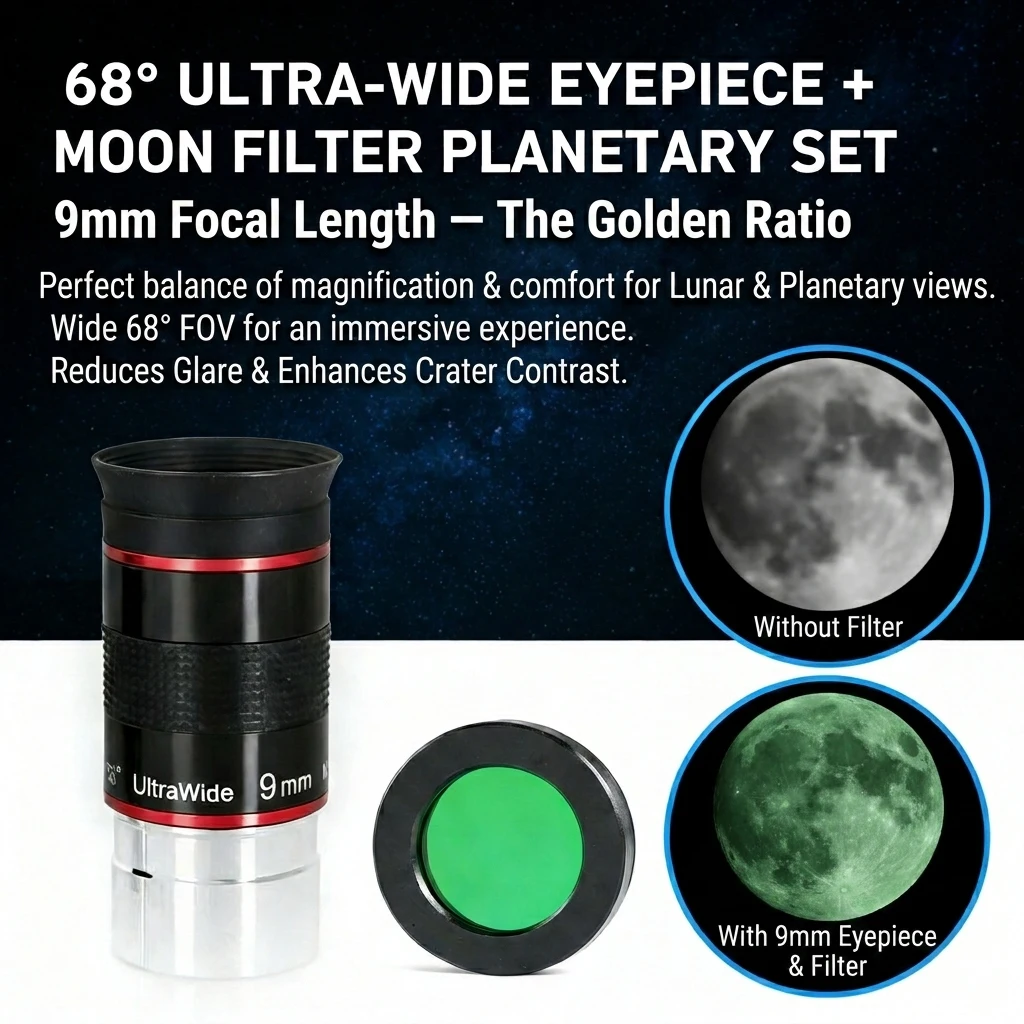

1.25" 68 Degree Ultra Wide Angle 9mm Eyepiece with Green Moon Filter Planetary Telescope Accessories Set for Lunar Observation