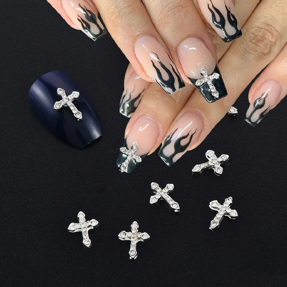 10pcs Aolly Silver Cross Nail Charms 3D Shiny Rhinestones Cross Gems Flat Back Crystal Rhinestones Nail Metal Cross Charms #JEM