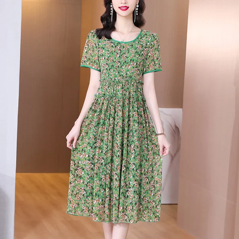 2024 Spring Boho Beach Maxi Dresses Summer Luxury Chiffon Floral Casual Office Midi Dress Women's Vintage Elegant Dresses