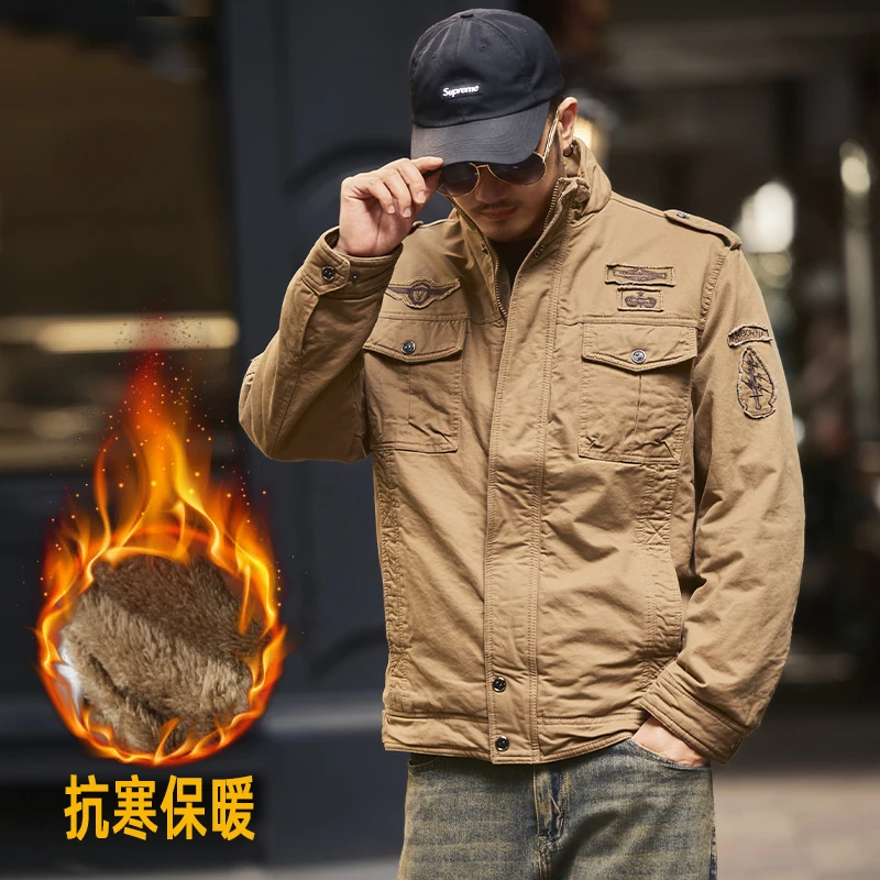 

2025 Autumn and Winter Fleece-lined Thickened American Retro Stand Collar Jacket Men's Outdoor Keep Warm Hunting Frock Coat