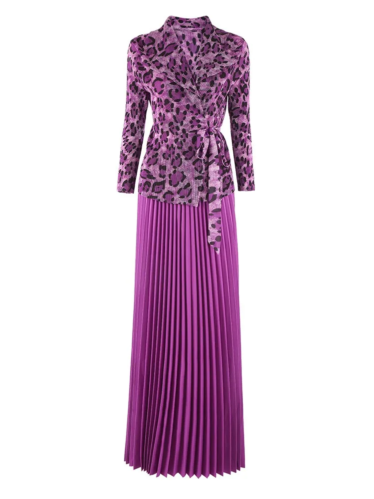 Miyake-Conjunto de traje plisado con estampado de leopardo para mujer, Top de manga larga con lazo, media falda larga de cintura alta, conjunto de dos piezas, novedad de 2025